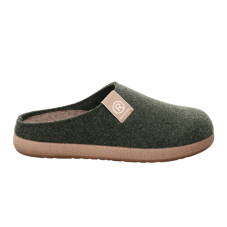 Pantofola Rohde da donna in feltro verde scuro, vista laterale con suola beige e logo