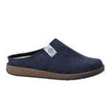 Pantofola da uomo Rohde blu scuro con superficie a coste e suola marrone, vista laterale