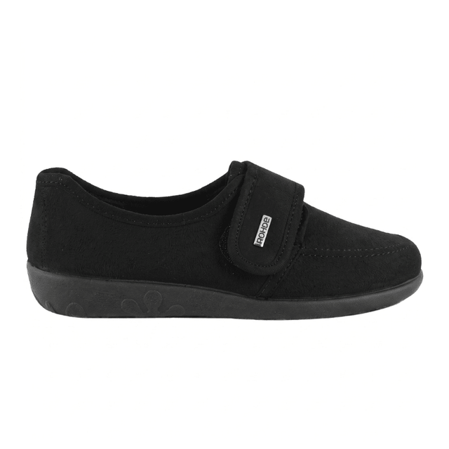 Pantofola Rohde nera da donna con cinturino in velcro e suola in gomma antiscivolo, vista laterale