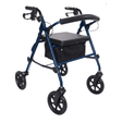 Rollator Ibis blu visto di fronte, con sedile imbottito, schienale e pratico cestino in tessuto sotto