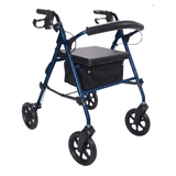 Rollator Ibis blu visto di fronte, con sedile imbottito, schienale e pratico cestino in tessuto sotto