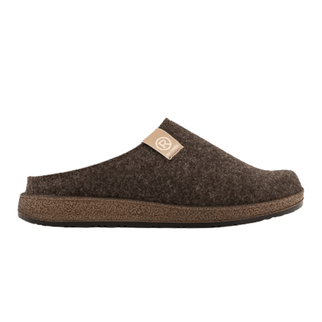 Pantofola da uomo Rohde in morbido feltro color moka, vista laterale con etichetta discreta