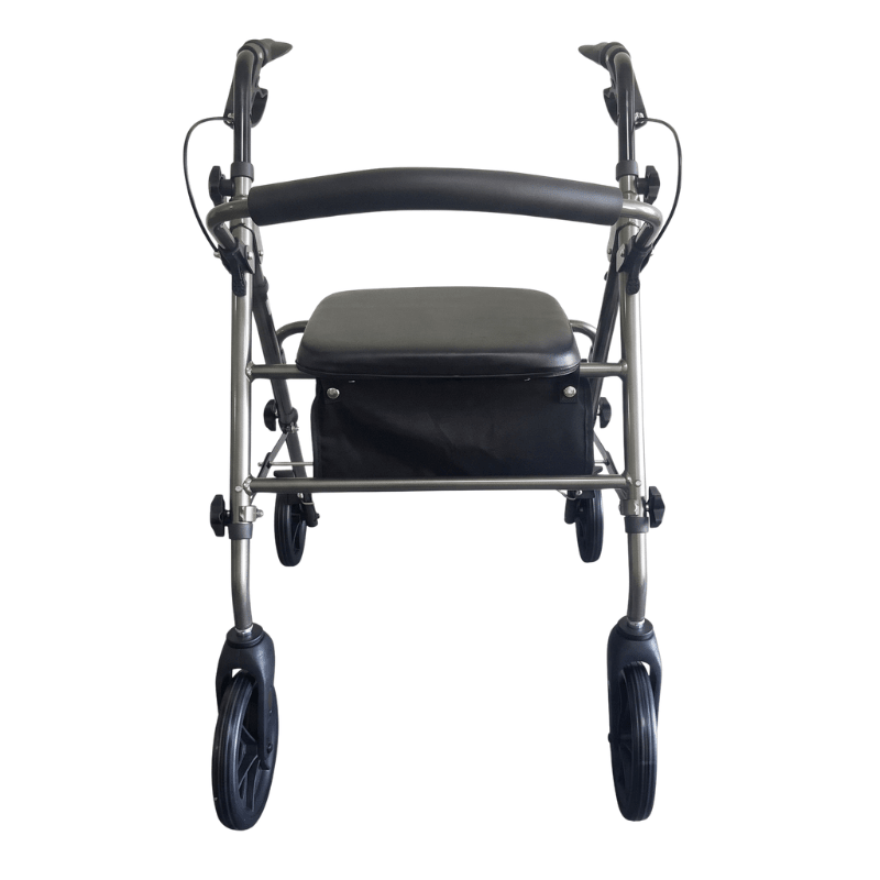 Rollator Ibis grigio visto direttamente frontalmente con sedile imbottito nero e schienale