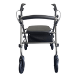Rollator Ibis grigio visto direttamente frontalmente con sedile imbottito nero e schienale