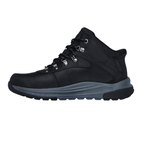 Stivale nero Skechers da uomo, vista lato destro, con robusta suola grigia e lacci