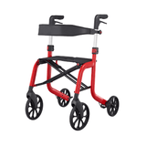 Rollator Samba rosso da esterno con sedile nero e schienale, visto da un'angolazione frontale