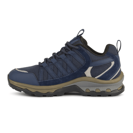 Scarpa outdoor destra da donna Green Comfort blu scuro, vista laterale, con dettagli chiari sul tallone