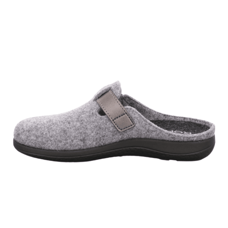 Pantofola da donna Rohde grigia in feltro con cinturino in velcro aperto, vista laterale