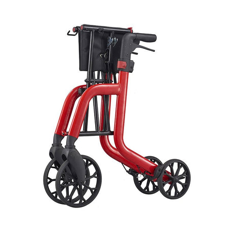 Rollator Samba rosso piegato, visto di sbieco, compatto per un facile stoccaggio